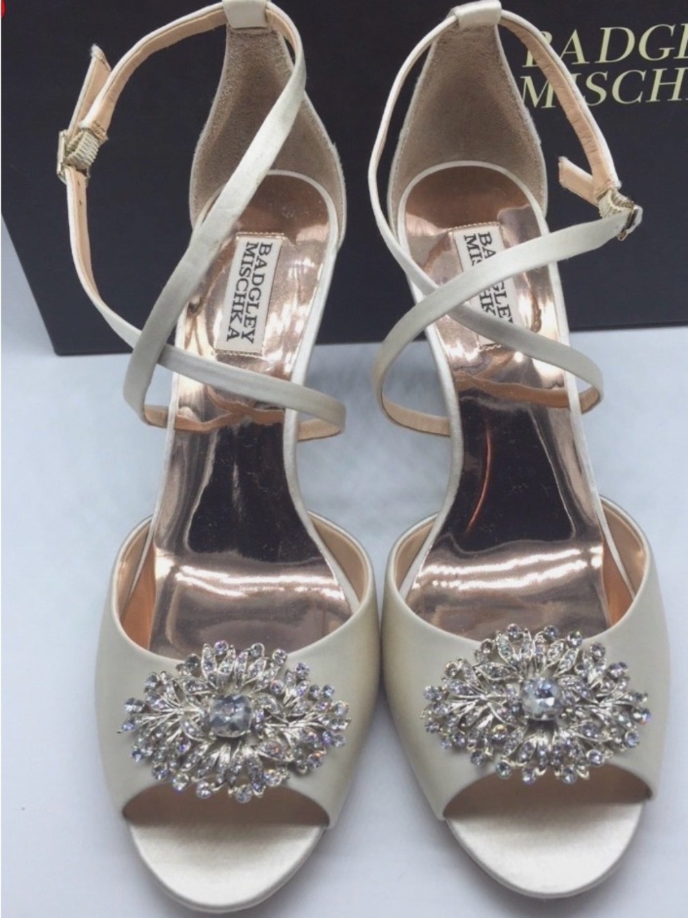 Badgley Mischka - Abigail Ivory Satin Crystal-Embellished Ankle-Strap Wedges